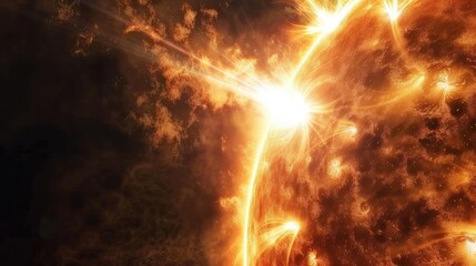 A powerful flare on the sun surface. Plasma release. Electromagnetic attack. Fiery explosion on the sun's surface. - obrazy, fototapety, plakaty