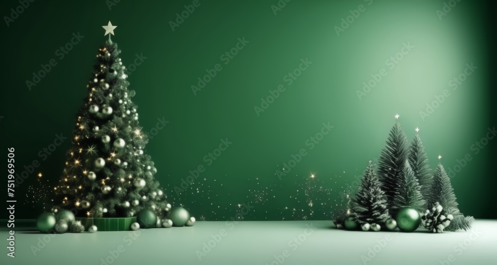 Wall mural  Elegant Christmas trees, twinkling lights, and festive ornaments set against a green backdrop