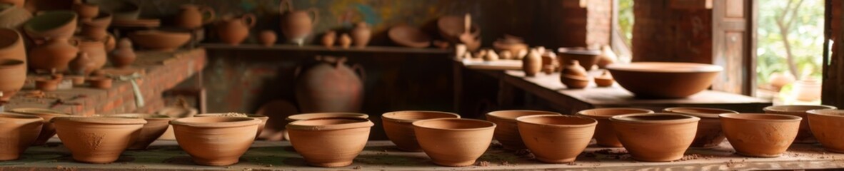 A serene terracotta pottery workshop on a rainforest