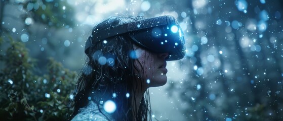 A rain-drenched wanderer with VR glasses weaves spells, radiant sparkles cutting through the gloom - obrazy, fototapety, plakaty