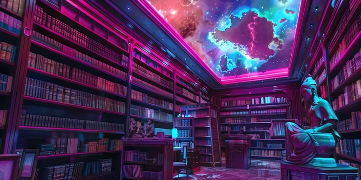 A neon cyberpunk library with holographic books terracotta statues among the shelves under a nebula sky projection