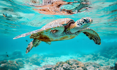 Fototapeta premium A sea turtle swims in the turquoise waters of the ocean, Generative AI 