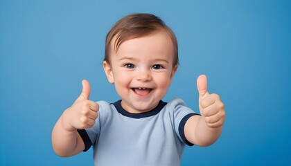 a baby giving the thumbs-up sign on a blue background giving