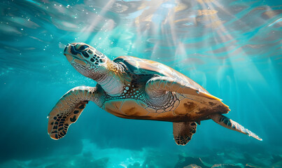 A sea turtle swims in the turquoise waters of the ocean, Generative AI 