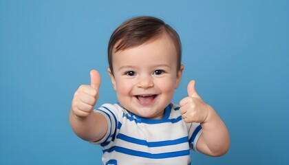 a baby giving the thumbs-up sign on a blue background giving