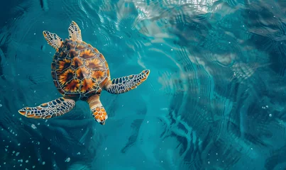Fotobehang A sea turtle swims in the turquoise waters of the ocean, Generative AI  © simba kim