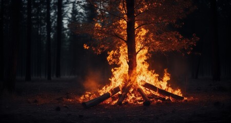  Amidst the darkness, a fiery beacon in the woods