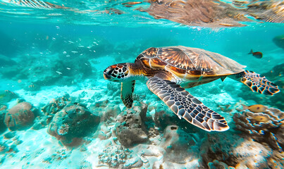 Obraz premium A sea turtle swims in the turquoise waters of the ocean, Generative AI 
