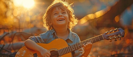 A child's unadulterated happiness and giggles as they joyfully played their guitar.