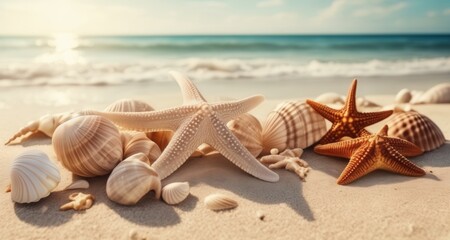 Fototapeta na wymiar Beach serenity with starfish and seashells