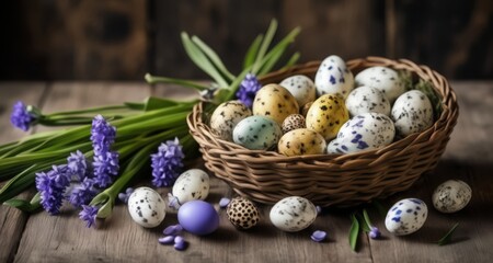 Fototapeta na wymiar Easter basket with colorful eggs and flowers