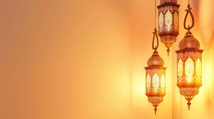 Fototapeta na wymiar a group of Ramadan lanterns hanging on the side on an empty bright background