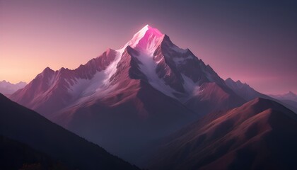 A mountain with a pink light on top mountain in the background - obrazy, fototapety, plakaty