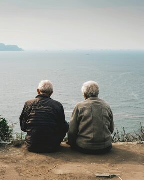 Elderly Asian couple quiet contemplation seaside natural light in clean simple colored clothes