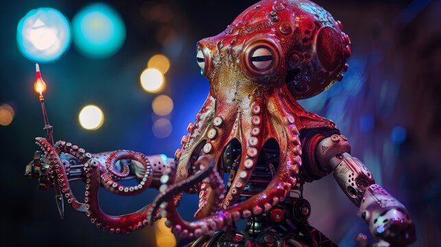 A robot octopus magician wields a magic wand on stage dazzling the audience with its mechanical tentacle tricks
