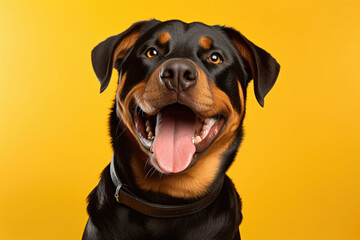 Portrait of a rotweiller on a yellow background