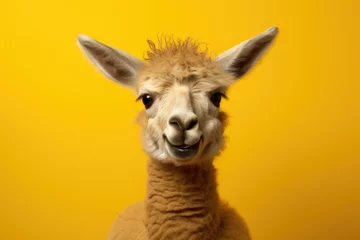 Raamstickers Portrait of a llama on a yellow background © Natalia