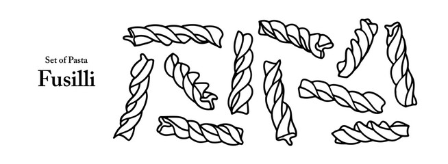 Fototapeta premium Pasta series in cute hand drawn style. Set of fusilli in black outline on transparent background in various styles. Food and ingredient elements for coloring book design.