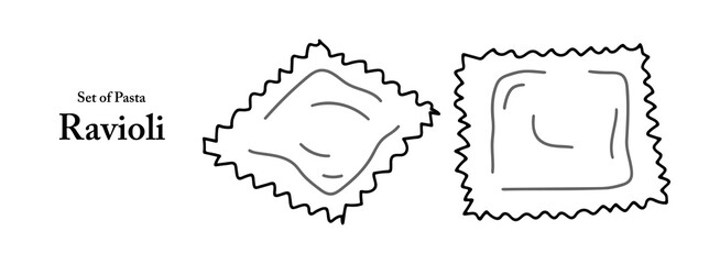 Pasta series in cute hand drawn style. Set of ravioli in black outline on transparent background in various styles. Food and ingredient elements for coloring book design.