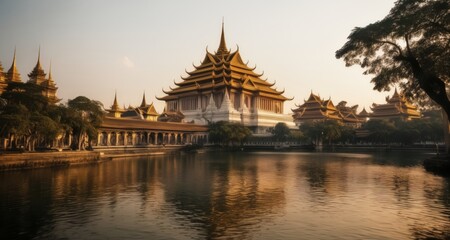 Fototapeta premium Elegant temple complex reflecting on tranquil water