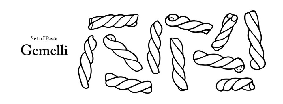 Pasta series in cute hand drawn style. Set of gemelli in black outline on transparent background in various styles. Food and ingredient elements for coloring book design.