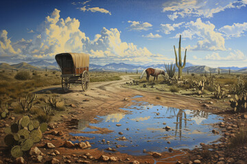 Fototapeta na wymiar Western Landscape: Horse and Cart in the Wild West