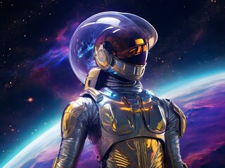 A stoic lunar void voyager stands against the endless expanse of space, clad in a metallic suit adorned with glowing neon accents. Generative AI