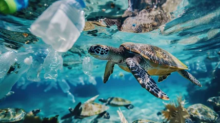 Fensteraufkleber Sea turtle swimming surrounded plastics trash, against a clear blue ocean background © Hanasta
