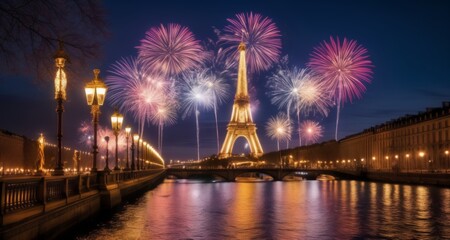  Spectacular fireworks illuminate the Eiffel Tower and Seine River at night - obrazy, fototapety, plakaty