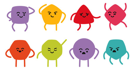 Geometric shapes in different colors, and facial expressions.