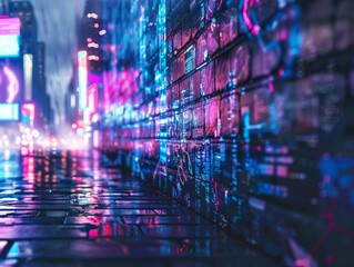 Urban graffiti on a brick wall blending street art with 3D illusions of a futuristic cityscape neon lights