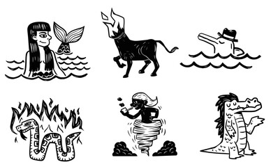 Characters from Brazilian folklore. Woodcut style