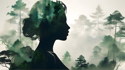 Enchanting Forest Spirit: Captivating Silhouette of an Artist Woman Merging with Nature. Perfect for inspirational moments on social media, eco-tourism ads,  serene yoga or meditation settings.