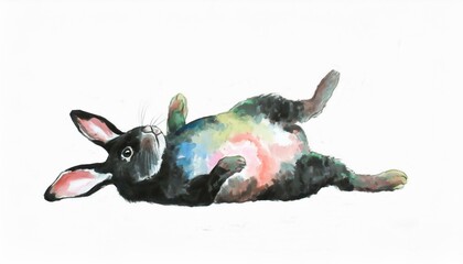 仰向けで寝そべる可愛い黒ウサギのイラスト