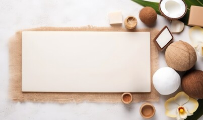 Fototapeta na wymiar oconut and coconut products on white textured background. Flat lay, copy space. Template Top-down. For banner, poster, background, cosmetic, or lifestyle content.