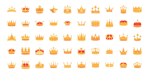 Set of gold crown icons. Gold crown symbol collection
