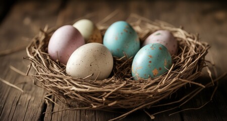 Obraz na płótnie Canvas Eggs in a nest, a symbol of new beginnings