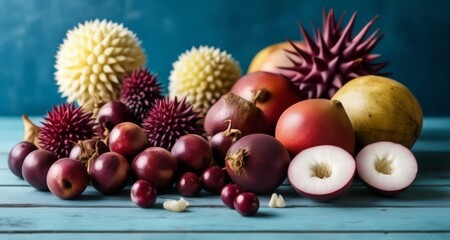 Naklejka na ściany i meble A vibrant array of exotic fruits and vegetables