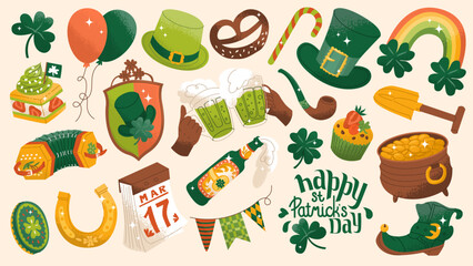 Saint Patrick's Day illustration. Set of traditional Irish symbols. Vector illustration in flat cartoon style isolated on white background.