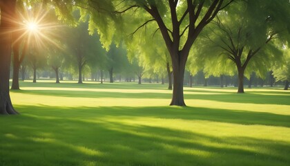 Fototapeta na wymiar A green grass field with trees in the background in a sunny park