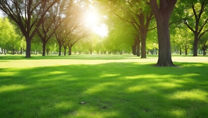 A green grass field with trees in the background in a sunny park