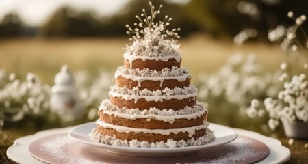  Elegant wedding cake in a field of flowers