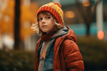 Cute little girl in a red jacket and a knitted hat walks through the city at sunset.