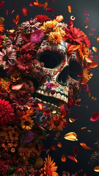Imagine a surreal scene where floating flower petals form a mesmerizing Day of the Dead symbol