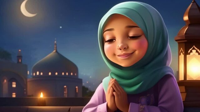 Islam children smile with a lantern on the mosque, happpy vibes, islamic and floating lantern background