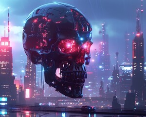 Neon clad robotic skull in a futuristic cityscape