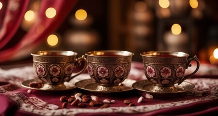 Obraz na płótnie Canvas Elegant tea time setting with three ornate cups and saucers