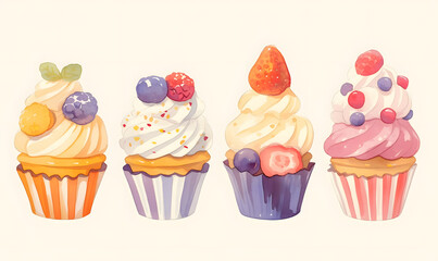 Collection of delicious cupcakes watercolor illustration, Generative AI 