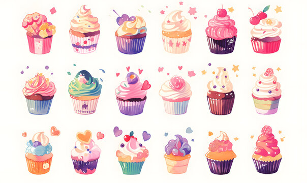 Collection of delicious cupcakes watercolor illustration, Generative AI 