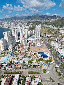Vertical perspective from above on the Cici Water Park in Acapulco, depicting the aftermath of Hurricane Otis